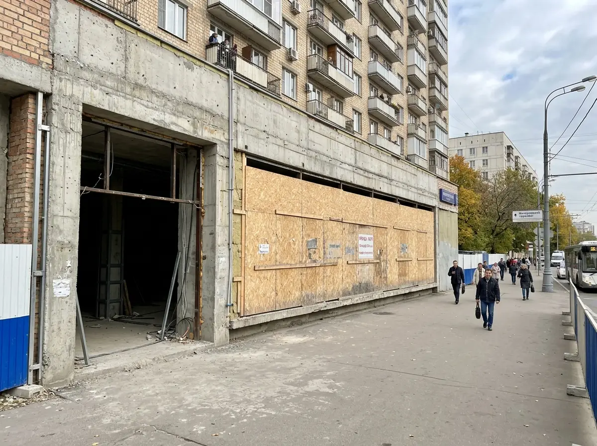 Фасад коммерческого помещения 594 кв.м. на Мичуринском проспекте в Москве до устройства входной группы, заложенный оконный проём